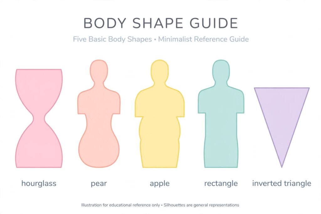 Illustration of five body shape types: hourglass, pear, apple, rectangle, inverted triangle