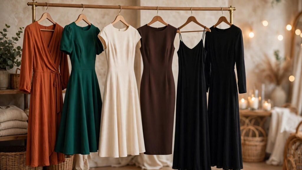 Rack of women's dresses in different styles and colors