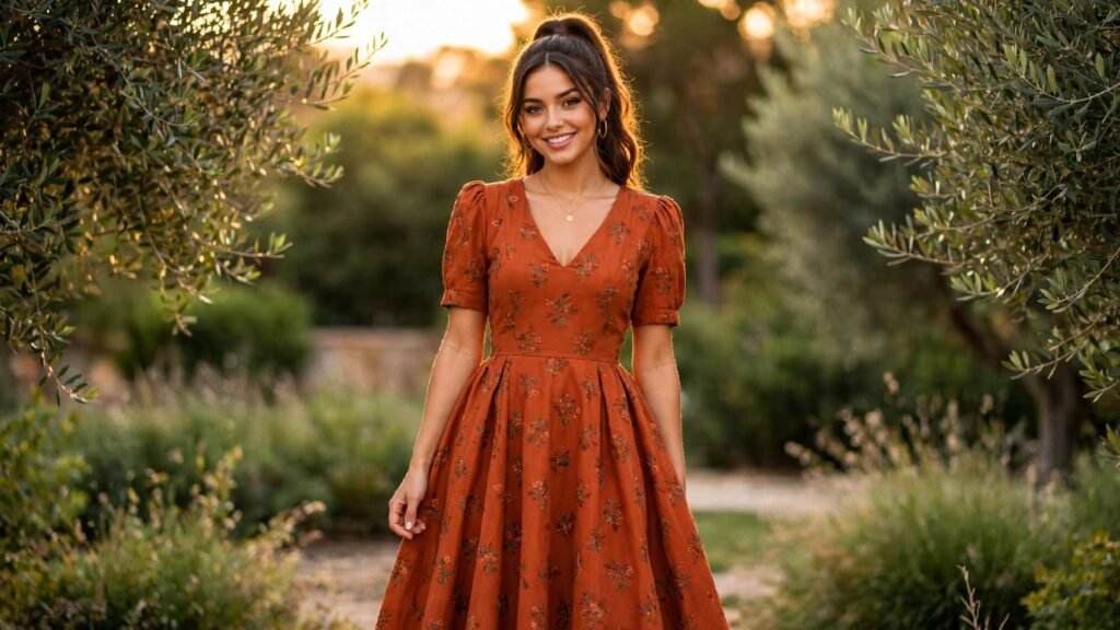 Inverted triangle body shape wearing an A-line V-neck dress