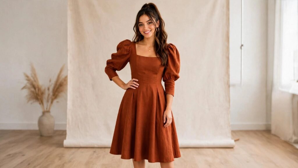Pear shaped body wearing a fit-and-flare dress with statement sleeves