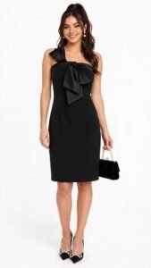 Black dress with a bow detail styled for New Year’s Eve]