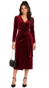 Woman wearing a burgundy wrap dress for a holiday office party