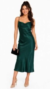 Woman in an emerald green satin slip dress styled for a Christmas dinner