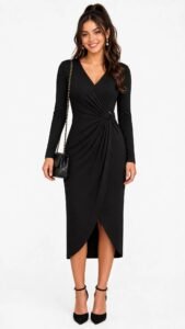 Long-sleeve wrap maxi dress in a deep jewel tone for a winter wedding guest