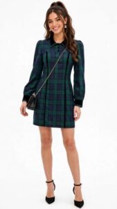 Woman wearing a red and green plaid dress for a casual Christmas gathering