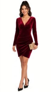 Woman wearing a red velvet midi dress with long sleeves for Christmas