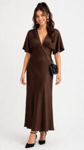 Emerald green satin maxi dress styled for a formal winter wedding guest look