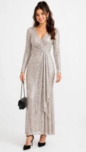 Long-sleeve sequin dress in a metallic tone for an evening winter wedding