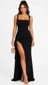 Sparkly maxi dress with a side slit for a formal New Year’s Eve event