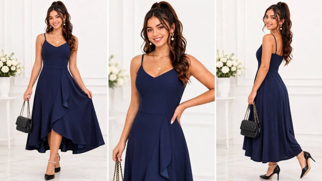 A-line midi cocktail dress with sleeves styled for a wedding reception