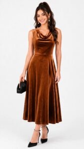 Burgundy velvet slip dress with cowl neckline for a winter date night
