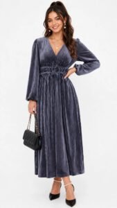 Casual long sleeve velvet dress styled with ankle boots for a winter weekend outfit