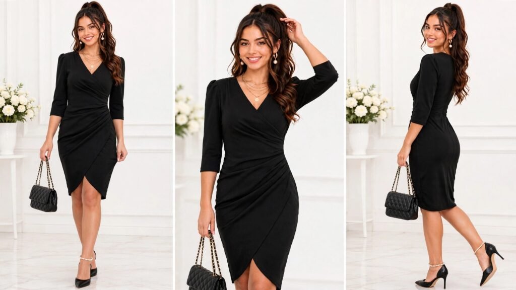 Woman wearing a little black cocktail dress with heels for a holiday party