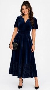 Navy velvet maxi dress with long sleeves for a winter wedding guest outfit