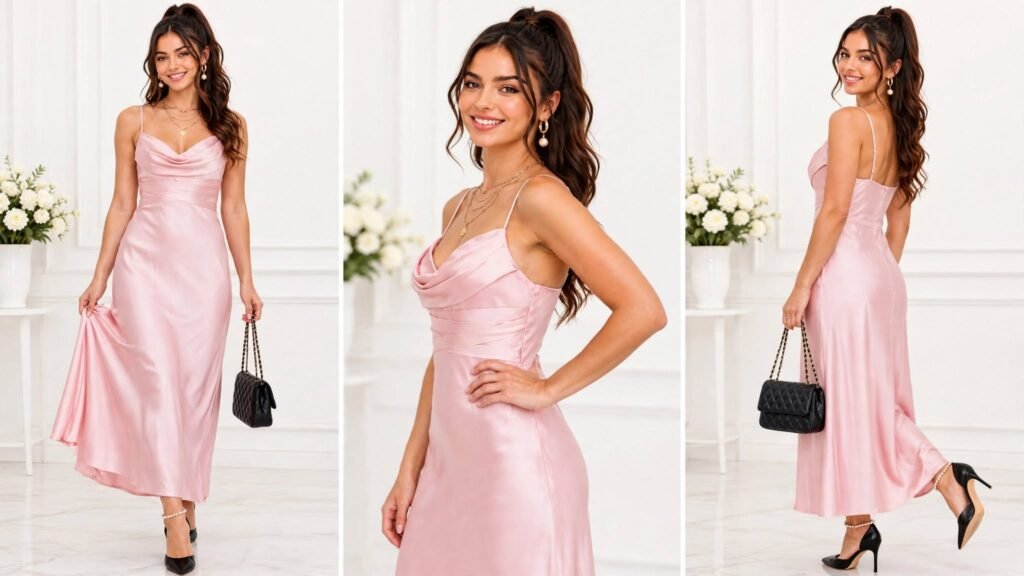 Satin cowl-neck midi cocktail dress styled with strappy heels